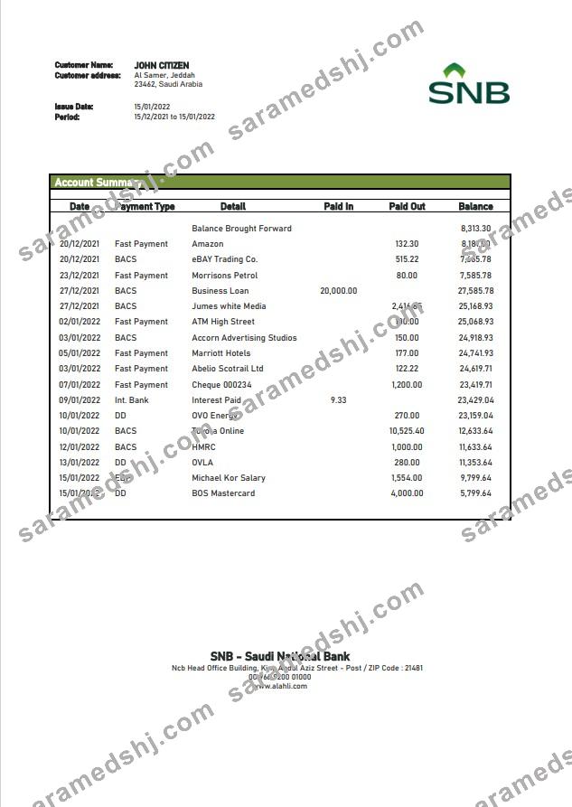 Saudi Arabia SNB bank statement